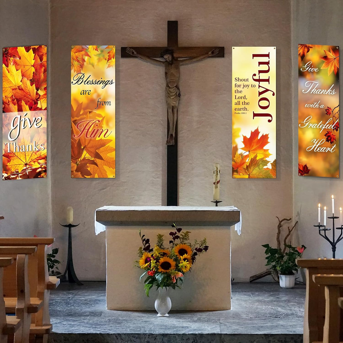 5 Pcs Thanksgiving Church Banners 72X24 Fall Church Banners for Sanctuary Bible Verses Wall Decor Welcome Inspirational Religious Praise Hanging Signs for Church Decor