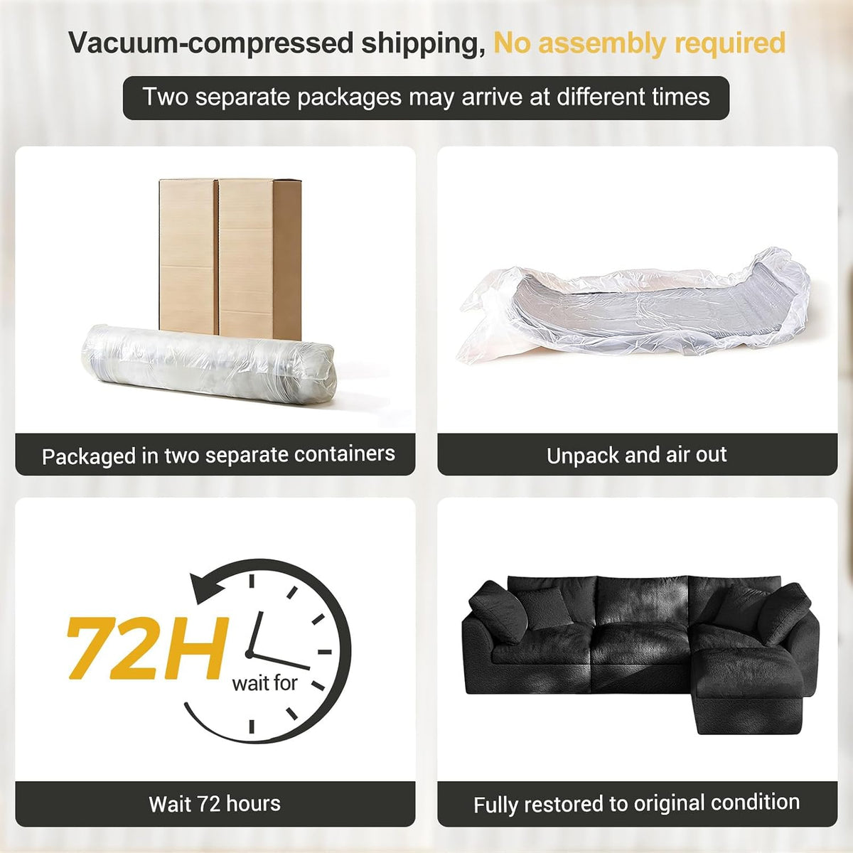 Cloud Sectional Couches, 108" L-Shape Boneless Sofa, Modular Sectional Sofa for Living Room,Freely Configurable,Deep Seating,Non-Slip Bottom, No Assembly Required(3 Seater+1 Ottoman (Black)