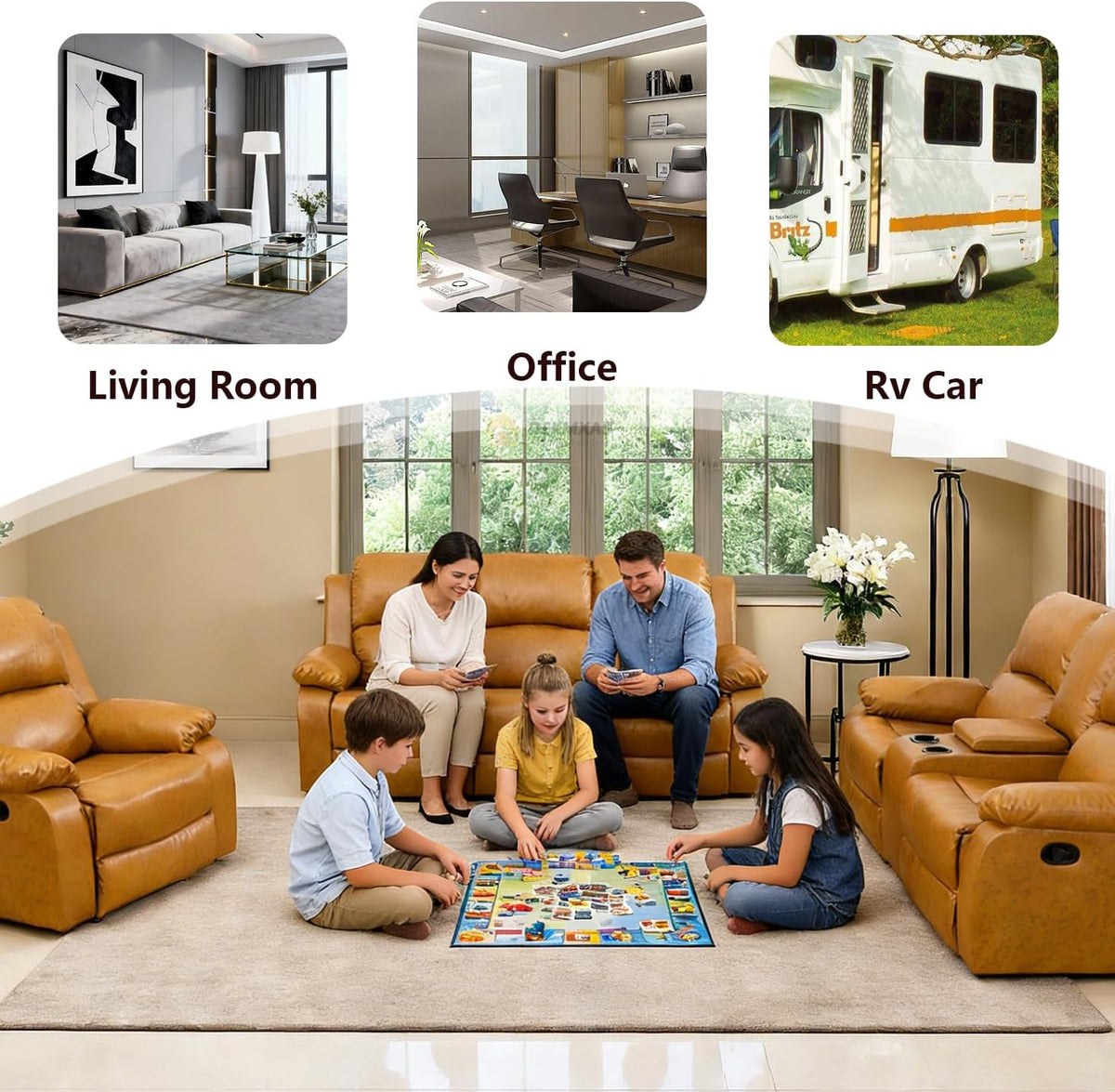 Manual Reclining Sofa 3 Seater Recliner Sofa Couch Living Room Furniture Modern Leather Reclining Sofa with Cup Holders & Flip-Down Table for Living Room/Office/Rv Car (Ginger, 3 Seater Sofa)