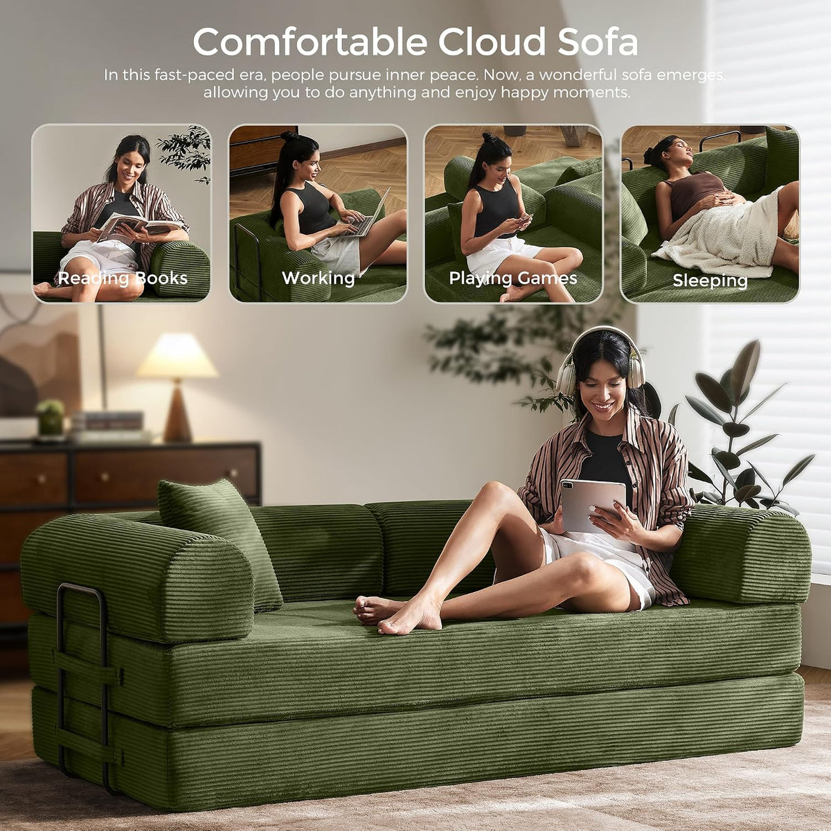 79" Convertible Futon Sofa Bed,Boneless Couch for Living Room | Olive Green