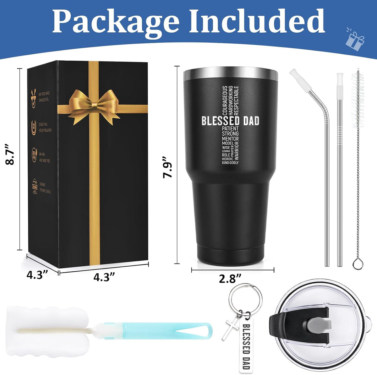 Christian Father'S Day Gifts, Blessed Dad 30Oz Insulated Tumbler with Keychain, Father’S Day, Birthday, Christmas, Christian Gifts for Dad, Black