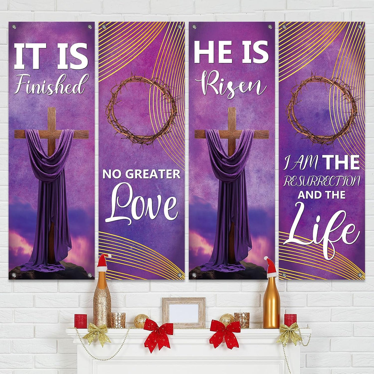 4Pcs Church Banners for Sanctuary Wall Welcome Religious Banners Hanging Backdrop Easter Church Hanging Signs Bible Verses Banner Scripture Church Hanging Signs for Church School Decor