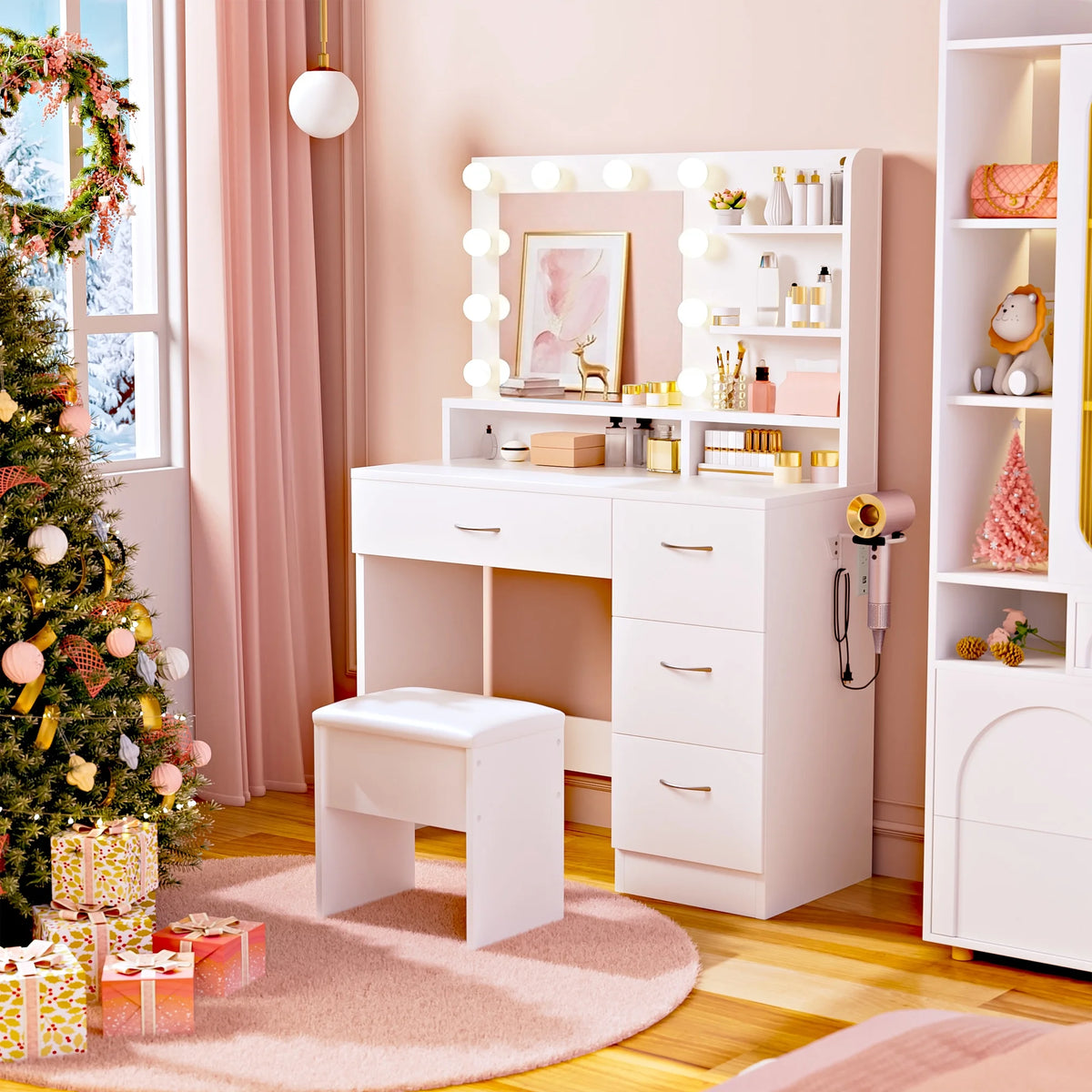 Makeup Vanity Set with Stool, Lighted Mirror, Vanity Desk with 5 Shelves & 4 Drawers, Power Outlet & Hairdryer Holder, Vanity Dressing Table Perfect Gift for Bedroom - White