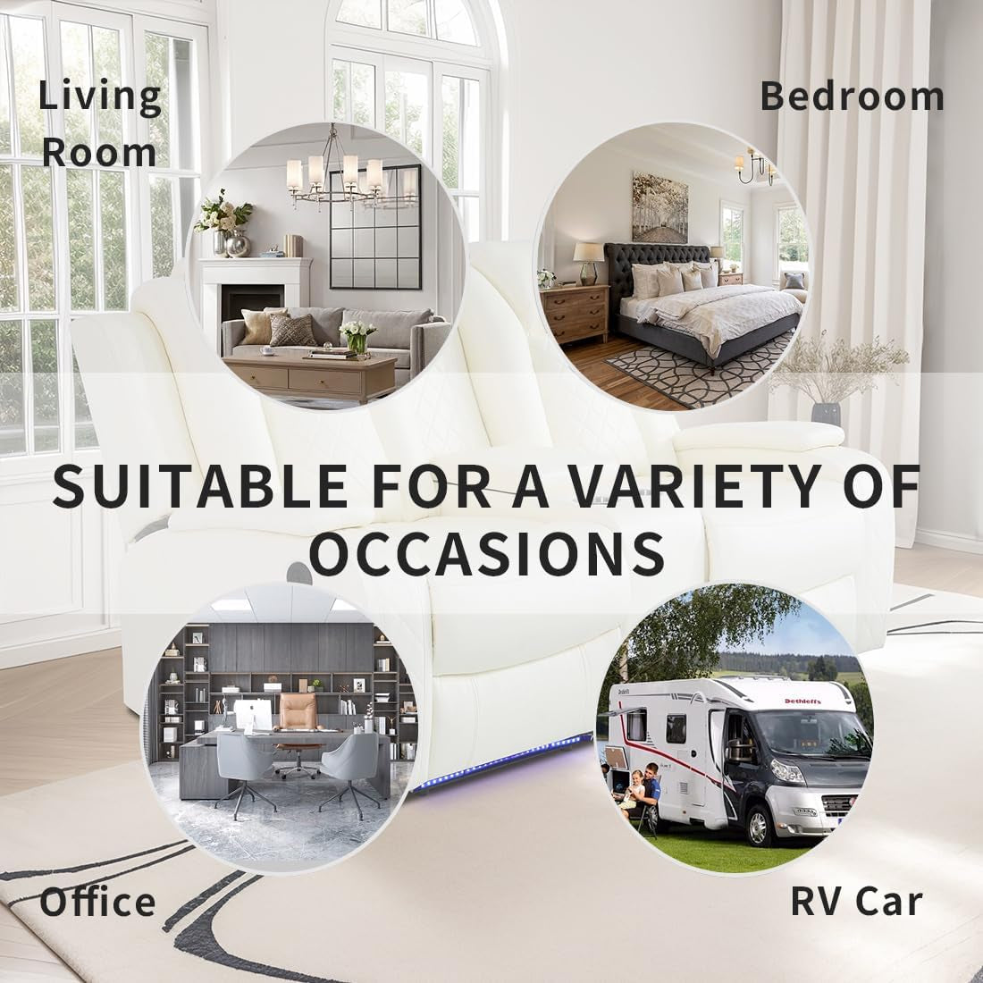 Living Room Sofa Sets, Breathing Leather Power Recliner Sofa with LED Light, Power Reclining Loveseat with 2 Recliner Seats/Cup Holders/Storage Console for Living Room(Vanilla White)