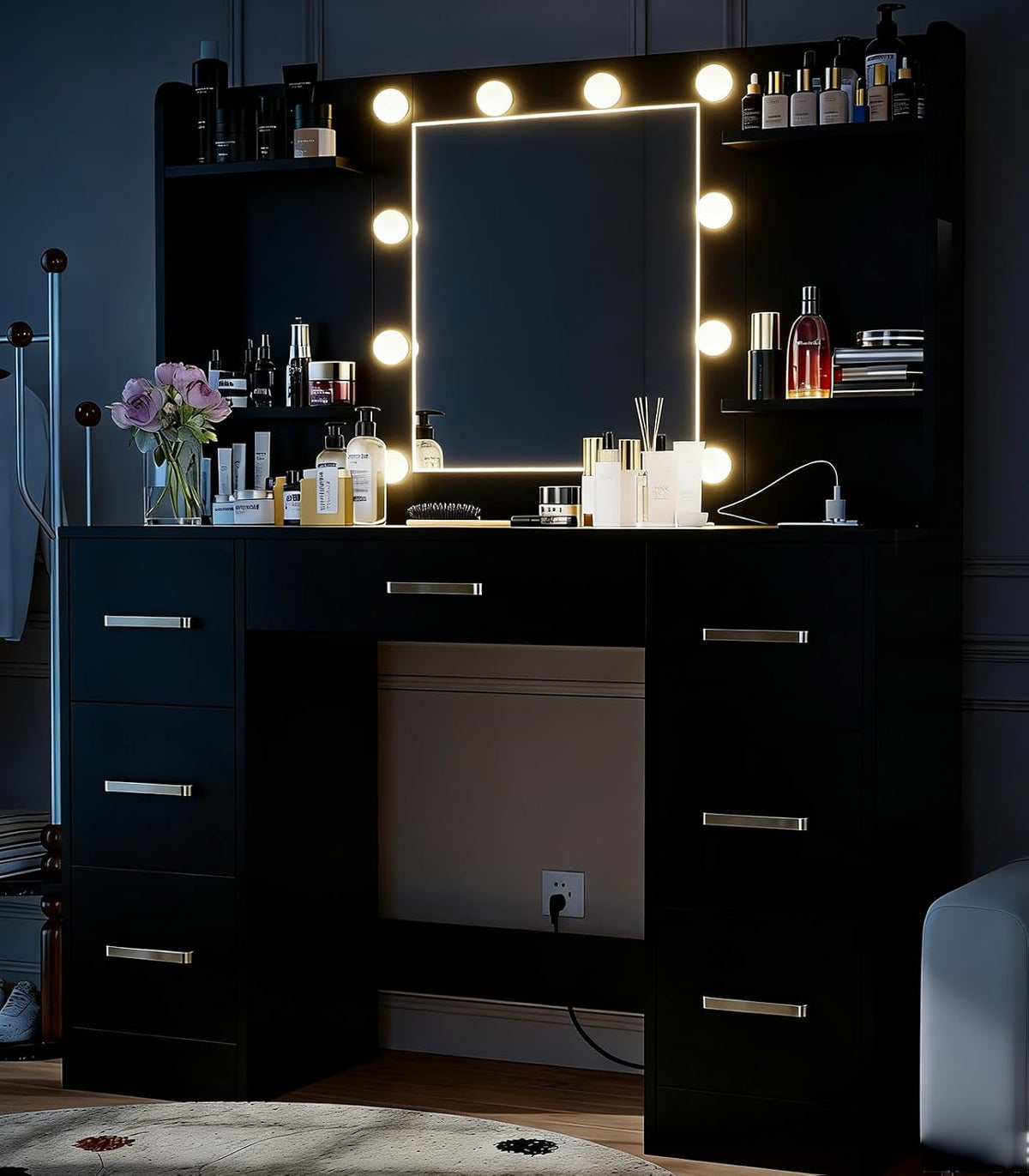 Makeup Vanity Desk, Black Vanity Mirror with LED Lights Power Outlet, Large Desk Vanity Table with 7 Drawers, Wood Storage Vanity Dressing Table with 3-Color Light, Bedroom Room Furniture