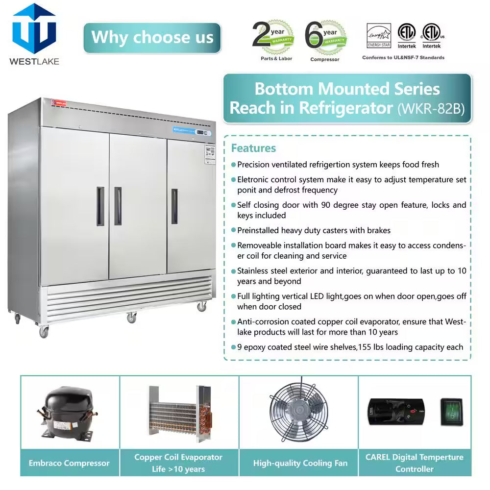 82 In. W. 72 Cu. Ft. Commercial Refrigerator 3-Solid Door Electronic Control System Stainless Steel