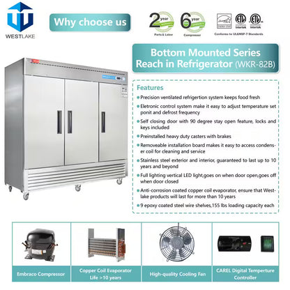 82 In. W. 72 Cu. Ft. Commercial Refrigerator 3-Solid Door Electronic Control System Stainless Steel