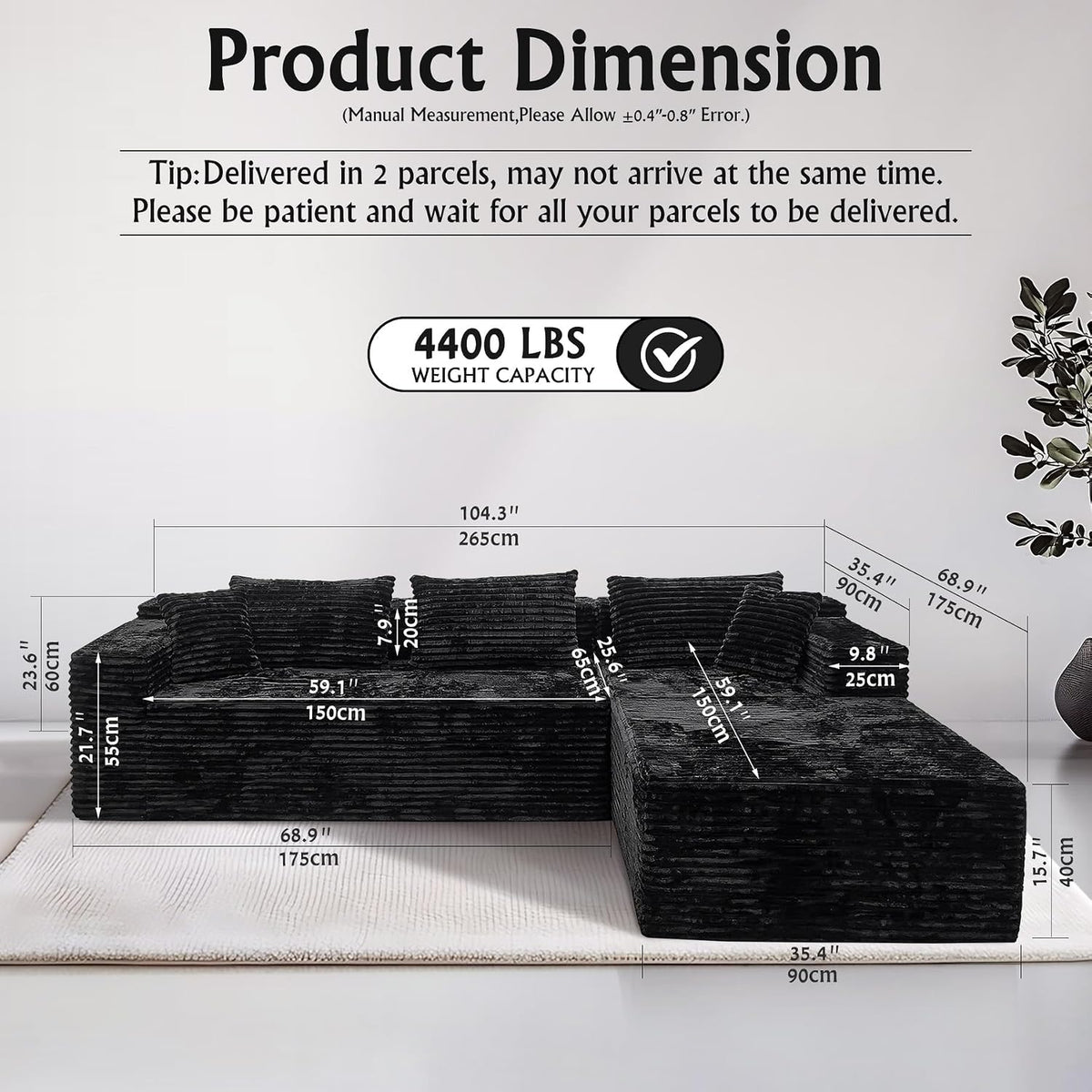 Corduroy Boneless Couch for Living Room, 104" Cloud Sectional Couch with L-Shape Chaise, Modern Modular Sofa, Deep Seat Comfort, No Assembly Required