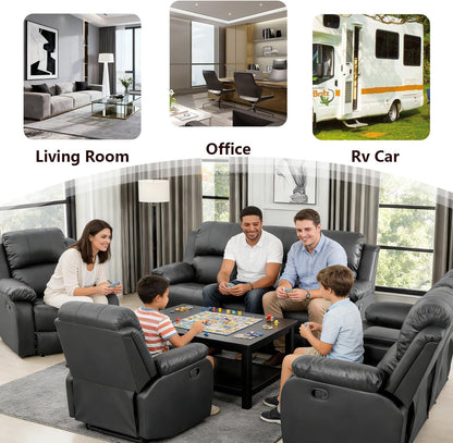 3 Seater Modern Reclining Couch Manual Recliner Sofa Living Room Furniture Black Vegan Leather Couch with Cup Holder/Flip-Down Table for Home Theater/Rv Car (Black,3Seater Sofa)