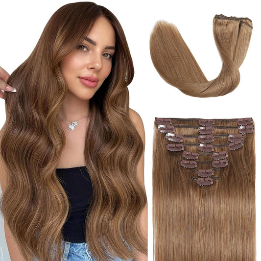Chestnut Brown Hair Extensions Real Human Hair Clip Ins for Women 14Inch