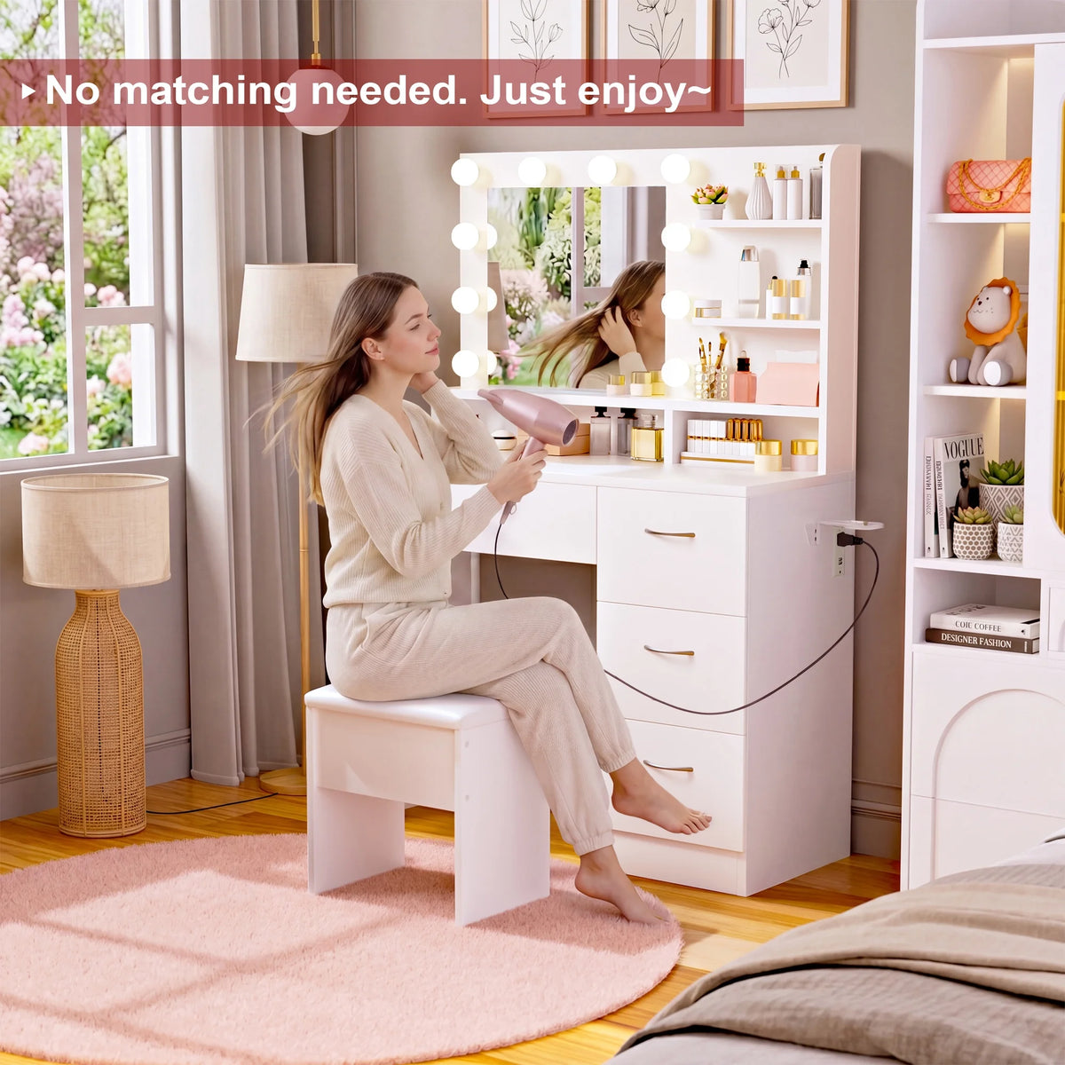 Makeup Vanity Set with Stool, Lighted Mirror, Vanity Desk with 5 Shelves & 4 Drawers, Power Outlet & Hairdryer Holder, Vanity Dressing Table Perfect Gift for Bedroom - White