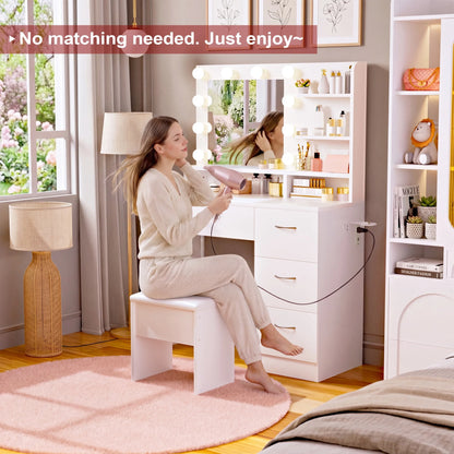 Makeup Vanity Set with Stool, Lighted Mirror, Vanity Desk with 5 Shelves & 4 Drawers, Power Outlet & Hairdryer Holder, Vanity Dressing Table Perfect Gift for Bedroom - White