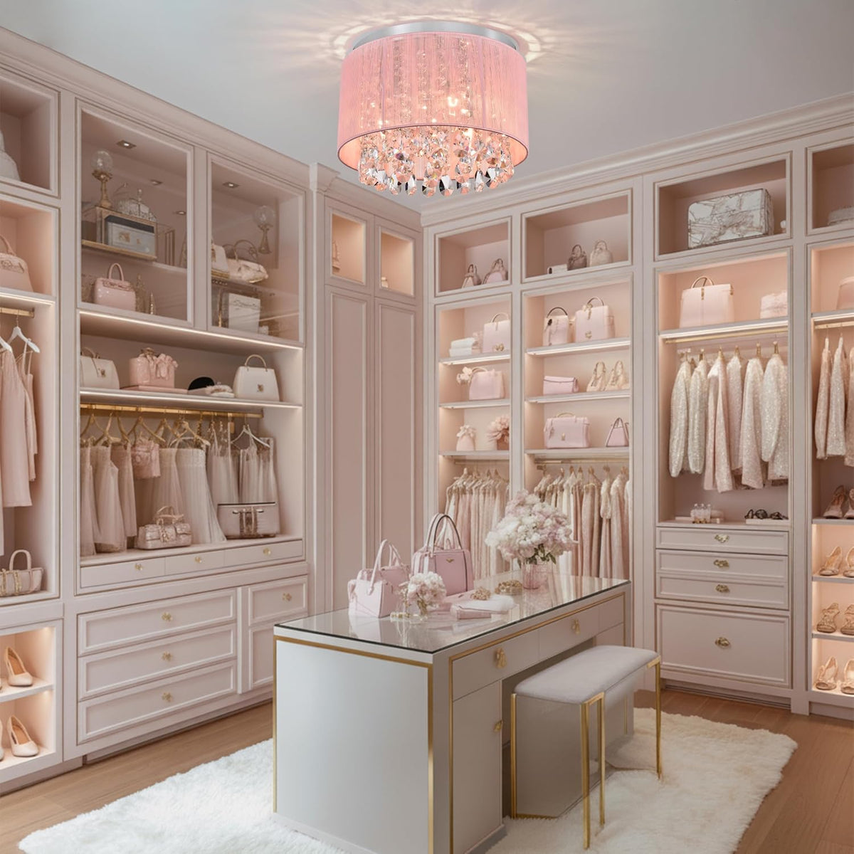 Pink Chandelier Drum Flush Mount Chandelier Crystal Ceiling Light Fixture 3 Light Bedroom Chandelier