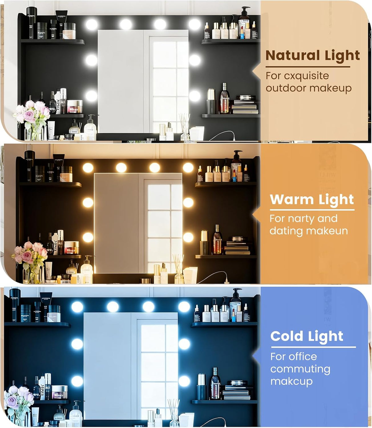 Makeup Vanity Desk, Black Vanity Mirror with LED Lights Power Outlet, Large Desk Vanity Table with 7 Drawers, Wood Storage Vanity Dressing Table with 3-Color Light, Bedroom Room Furniture