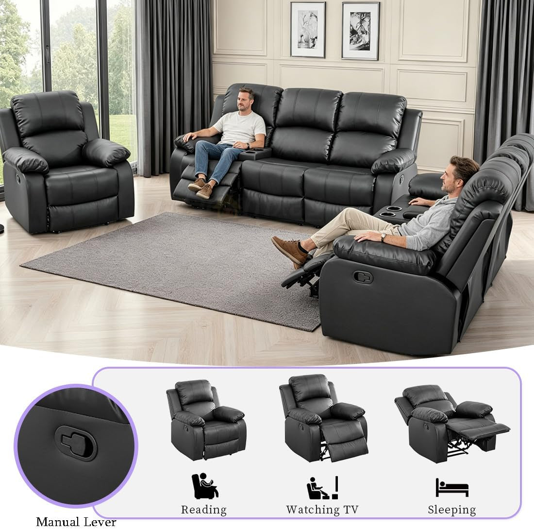 3 Seater Modern Reclining Couch Manual Recliner Sofa Living Room Furniture Black Vegan Leather Couch with Cup Holder/Flip-Down Table for Home Theater/Rv Car (Black,3Seater Sofa)