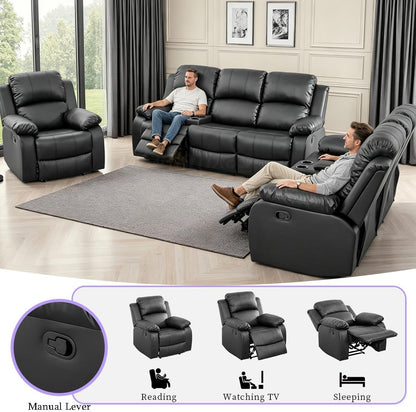 3 Seater Modern Reclining Couch Manual Recliner Sofa Living Room Furniture Black Vegan Leather Couch with Cup Holder/Flip-Down Table for Home Theater/Rv Car (Black,3Seater Sofa)