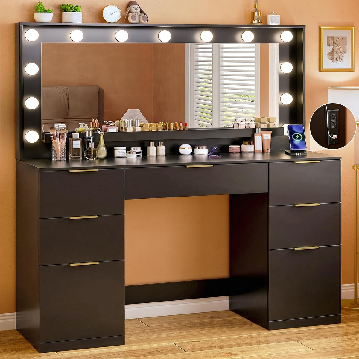 Vanity Desk with Mirror and Lights, 45.3In Makeup Vanity with 7 Drawers & Large Mirror, Vanity with 3-Color Adjustable Lighting & Charging Station, Make up Vanity for Bedroom