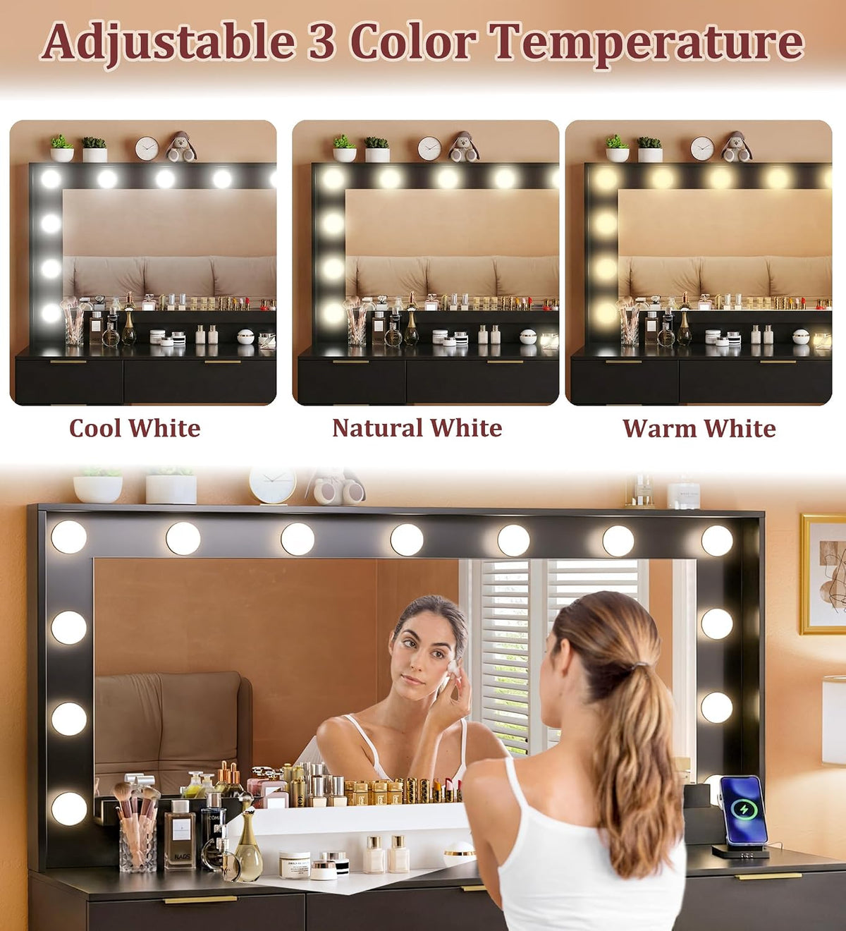 Vanity Desk with Mirror and Lights, 45.3In Makeup Vanity with 7 Drawers & Large Mirror, Vanity with 3-Color Adjustable Lighting & Charging Station, Make up Vanity for Bedroom