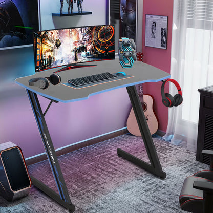47 Inch Gaming Desk, Z Shaped PC Computer Desk Gaming Workstation with Headphone Hook, Ergonomic Gaming Table PC Desk for Game Players, Blue
