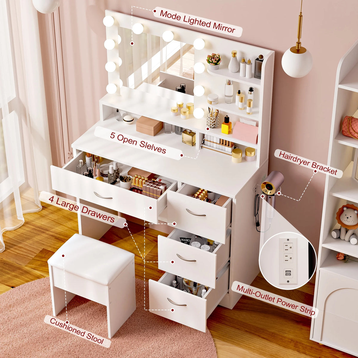 Makeup Vanity Set with Stool, Lighted Mirror, Vanity Desk with 5 Shelves & 4 Drawers, Power Outlet & Hairdryer Holder, Vanity Dressing Table Perfect Gift for Bedroom - White