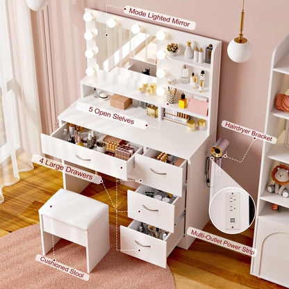 Makeup Vanity Set with Stool, Lighted Mirror, Vanity Desk with 5 Shelves & 4 Drawers, Power Outlet & Hairdryer Holder, Vanity Dressing Table Perfect Gift for Bedroom - White