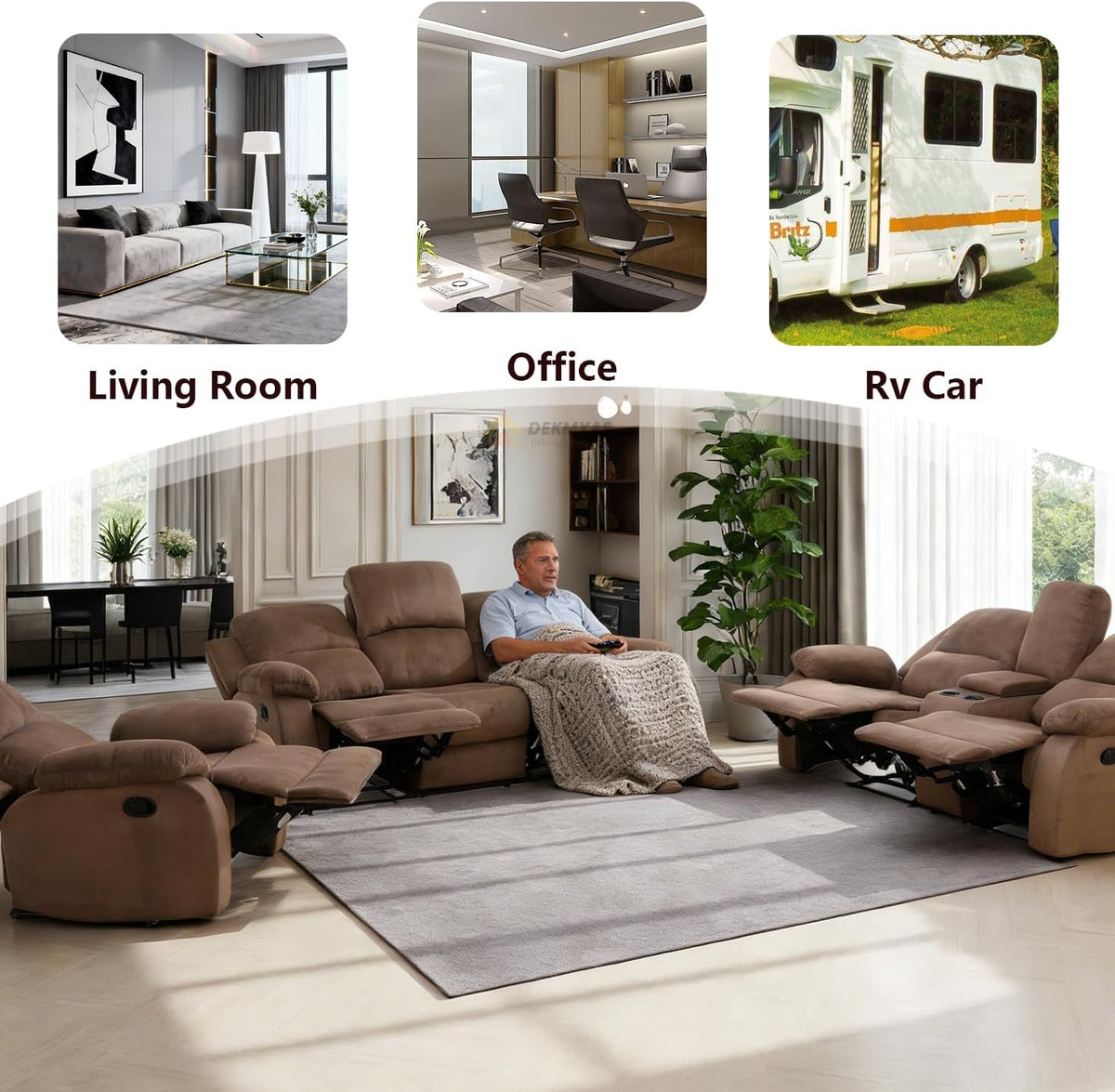 Fabric Recliner Loveseat Couch Brown 2-Seat Reclining Sofa Corduroy Manual Recliner Sofa Living Room Couch with Cup Holders&Storage Console for Home Theater/Office/Rv Car (Chocolate, Loveseat)