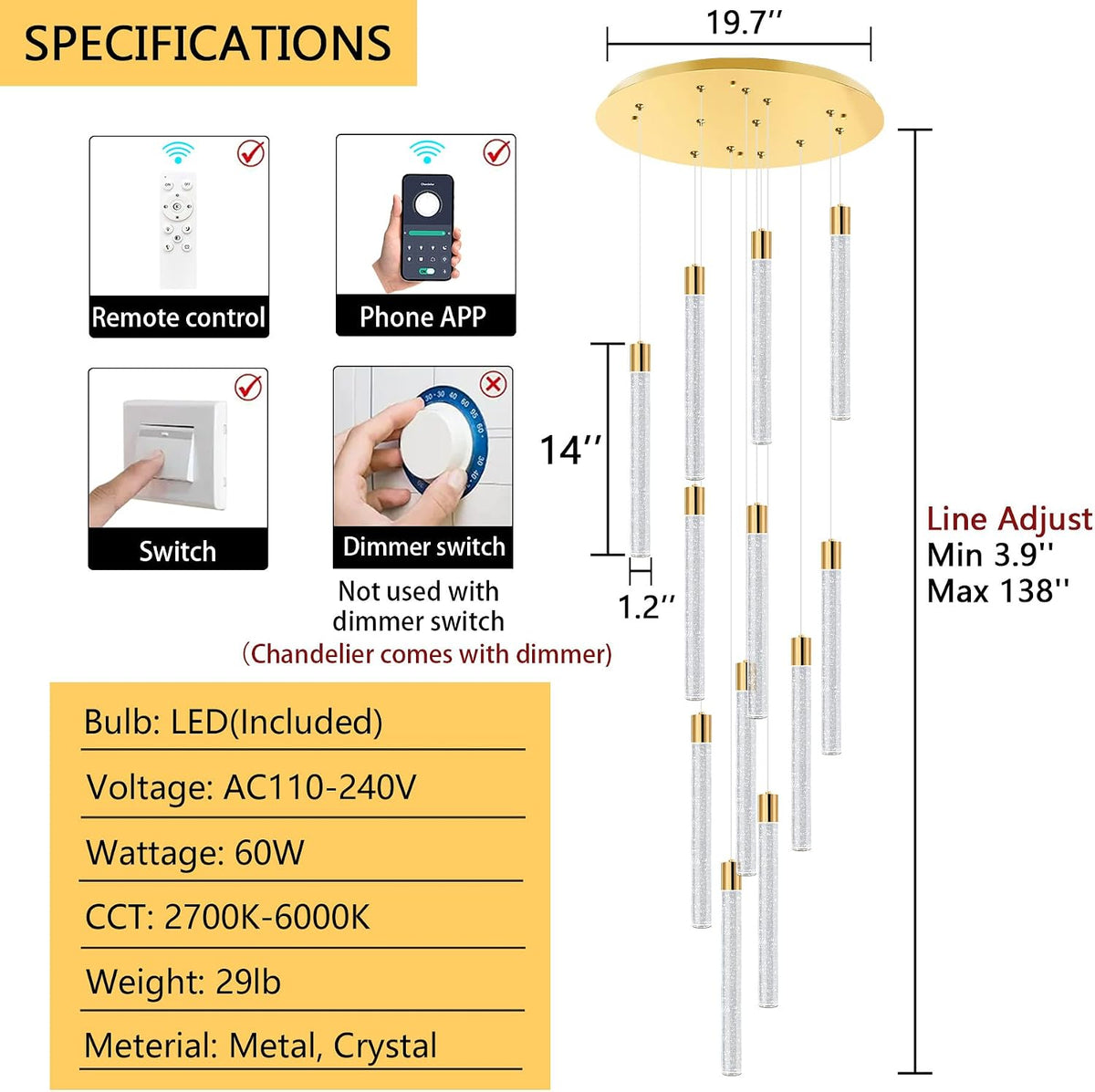 Modern Chandelier for Staircase Modern LED Chandelier Crystal Chandelier Dimmable Pendant Lights for High Ceiling Chandelier Light Fixture