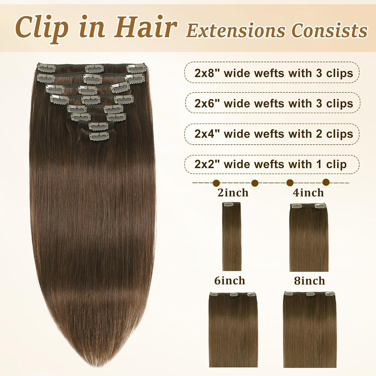 Human Hair Clip in Extensions Chocolate Brown Hair Extensions 14Inch