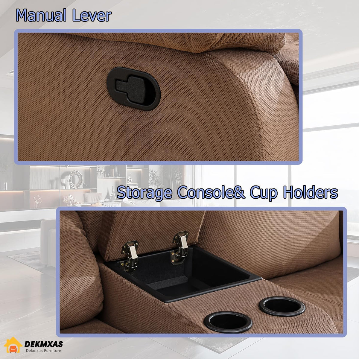 Fabric Recliner Loveseat Couch Brown 2-Seat Reclining Sofa Corduroy Manual Recliner Sofa Living Room Couch with Cup Holders&Storage Console for Home Theater/Office/Rv Car (Chocolate, Loveseat)