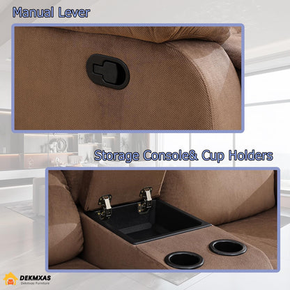 Fabric Recliner Loveseat Couch Brown 2-Seat Reclining Sofa Corduroy Manual Recliner Sofa Living Room Couch with Cup Holders&Storage Console for Home Theater/Office/Rv Car (Chocolate, Loveseat)