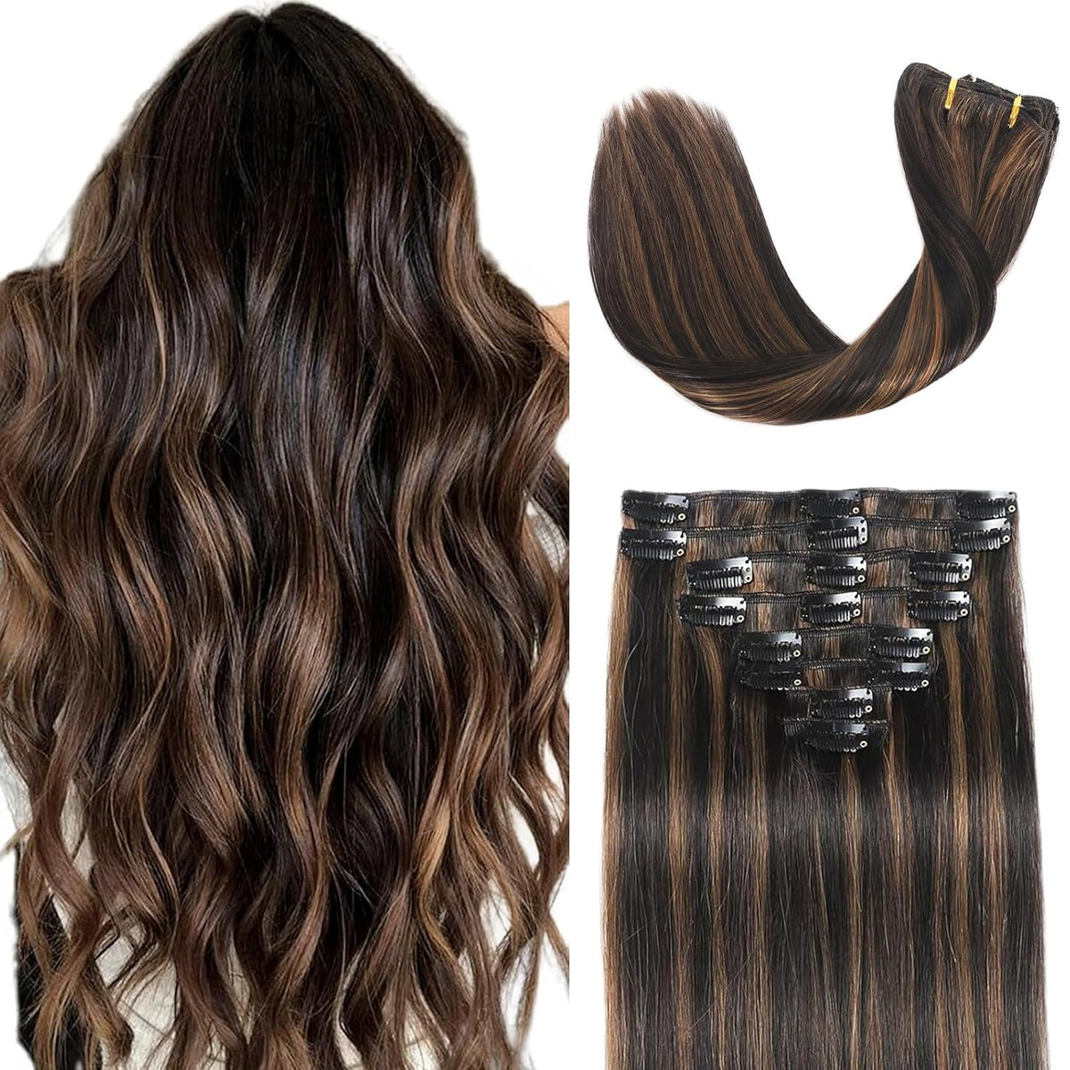 Clip in Hair Extensions Human Hair Remy Balayage Hair Extensions 14Inch
