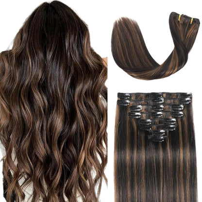 Clip in Hair Extensions Human Hair Remy Balayage Hair Extensions 14Inch