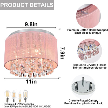Pink Chandelier Drum Flush Mount Chandelier Crystal Ceiling Light Fixture 3 Light Bedroom Chandelier