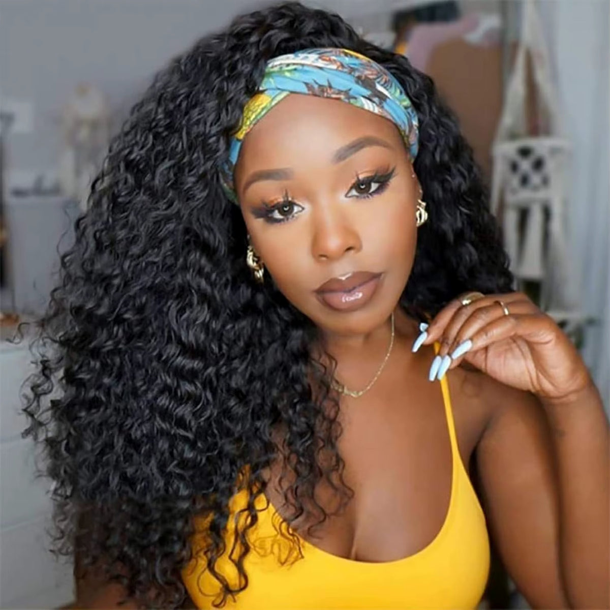 Headband Human Hair Wig No Glue Brazilian Human Hair Wig 180% Density Deep Curly Headband Wig for Women Human Hair Wig