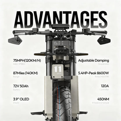 Electric Motorcycle 8600W 72V 50AH up to 120Km/H Hydraulic Brakes Adult off Road Ebike Hydraulic Brakes