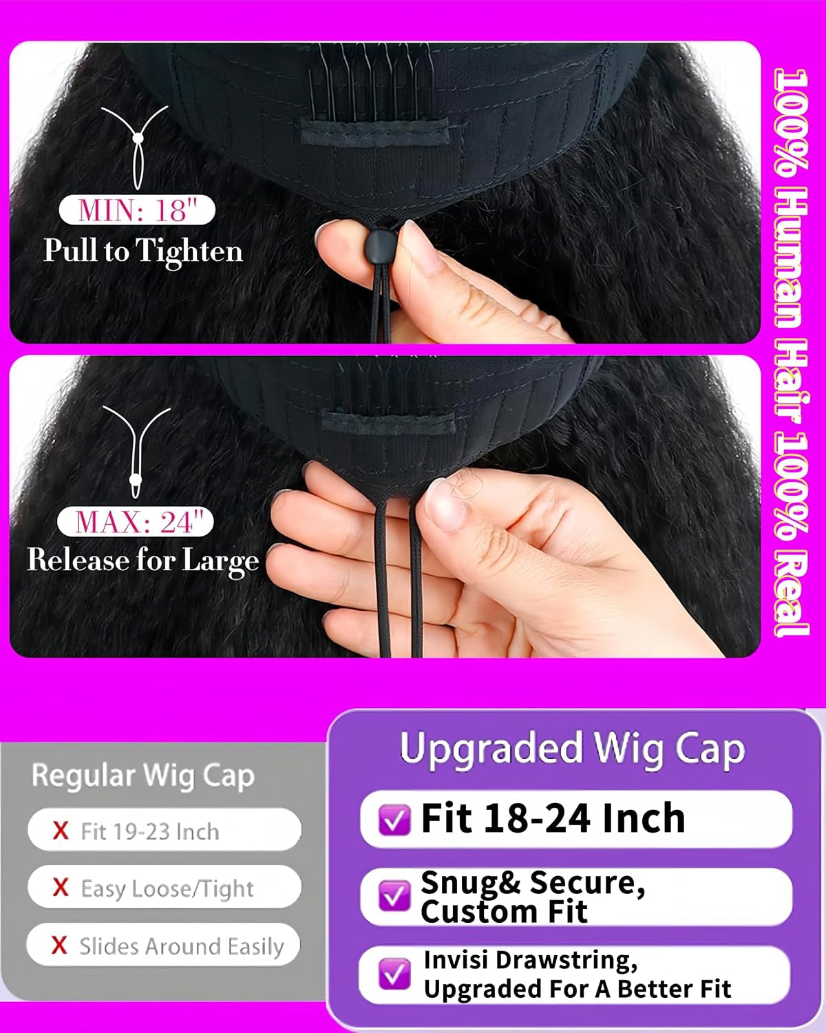 22Inch V Part Kinkystraight Wig Human Hair with Drawstring 200% Density Glueless U Part Upgraded 100% Natural Unprocessed Human Hair Wigs for Women No Sew in V Shape Clip in Half Wig Human Hair