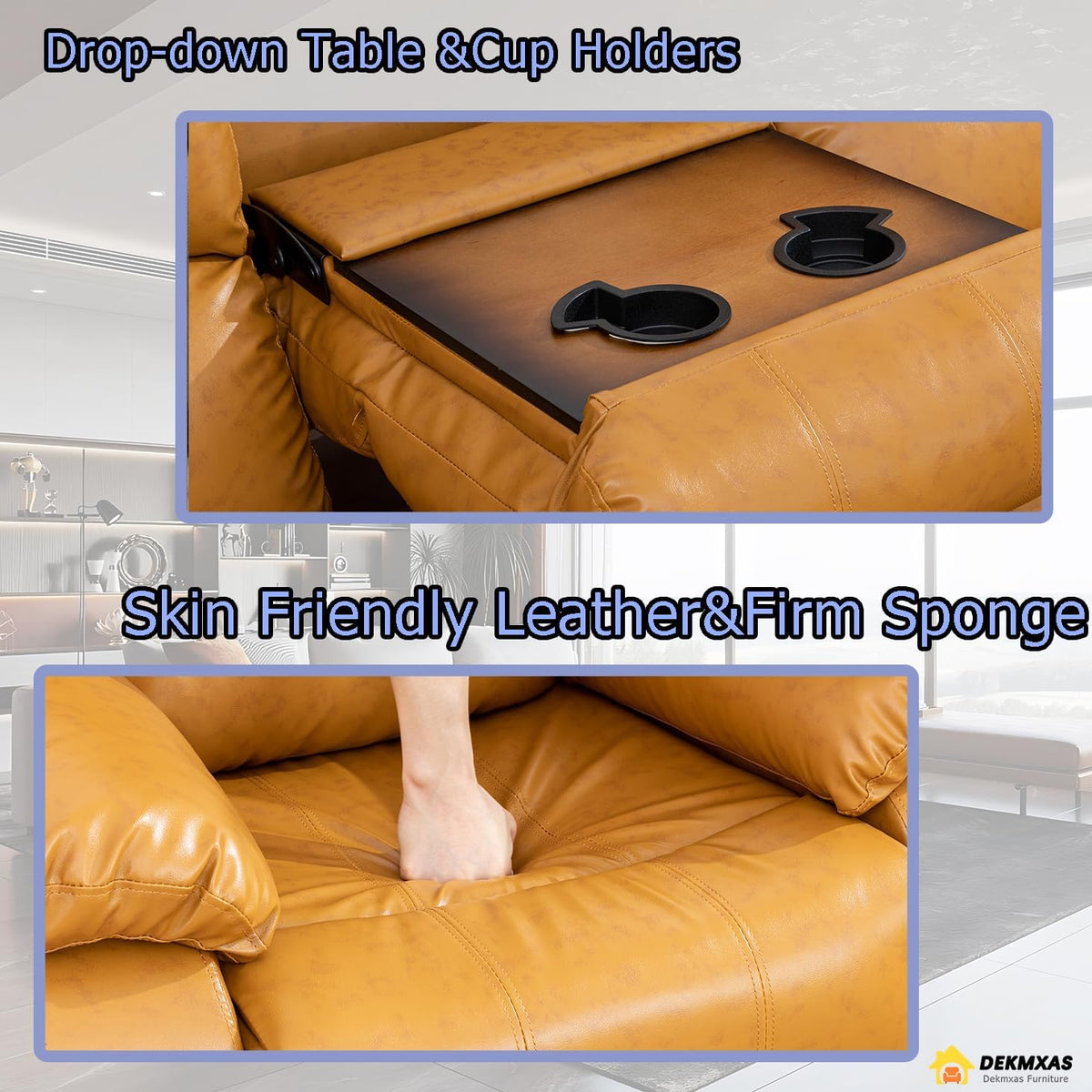 Manual Reclining Sofa 3 Seater Recliner Sofa Couch Living Room Furniture Modern Leather Reclining Sofa with Cup Holders & Flip-Down Table for Living Room/Office/Rv Car (Ginger, 3 Seater Sofa)