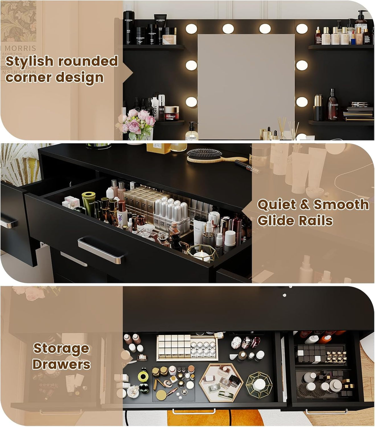 Makeup Vanity Desk, Black Vanity Mirror with LED Lights Power Outlet, Large Desk Vanity Table with 7 Drawers, Wood Storage Vanity Dressing Table with 3-Color Light, Bedroom Room Furniture