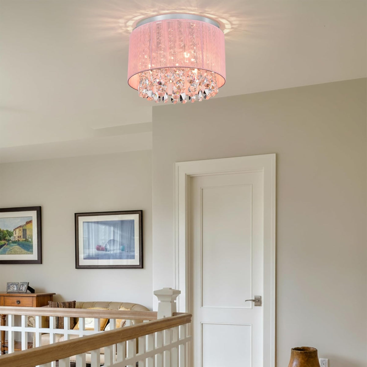 Pink Chandelier Drum Flush Mount Chandelier Crystal Ceiling Light Fixture 3 Light Bedroom Chandelier