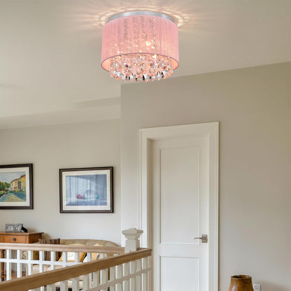 Pink Chandelier Drum Flush Mount Chandelier Crystal Ceiling Light Fixture 3 Light Bedroom Chandelier