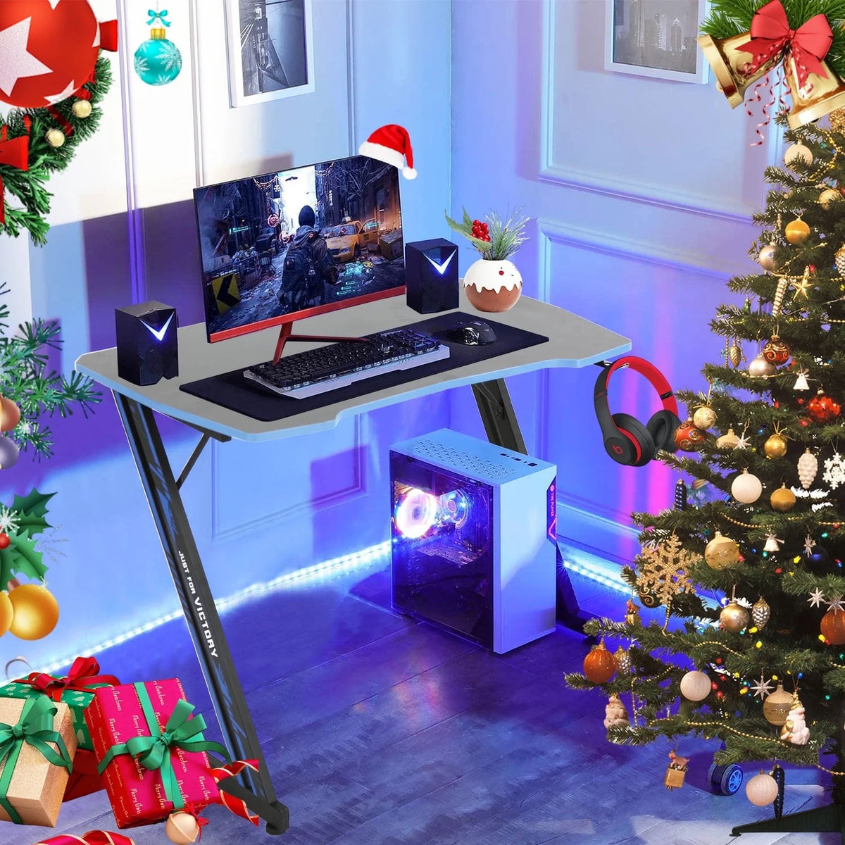 47 Inch Gaming Desk, Z Shaped PC Computer Desk Gaming Workstation with Headphone Hook, Ergonomic Gaming Table PC Desk for Game Players, Blue