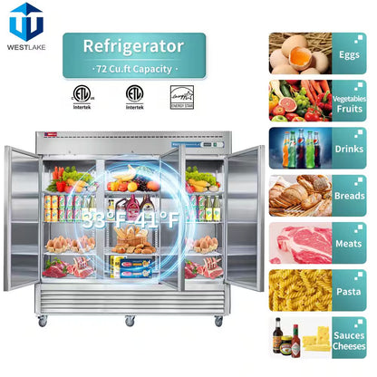 82 In. W. 72 Cu. Ft. Commercial Refrigerator 3-Solid Door Electronic Control System Stainless Steel