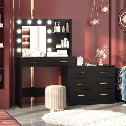 Vanity Desk Table with Lighted Mirror 45.6“ Girls Makeup Vanity with Power Outlet, 3 Colors Lighting Adjustable,8 Stroge Drawers, Brightness Vanity Table for Women Bedroom Dressing Room
