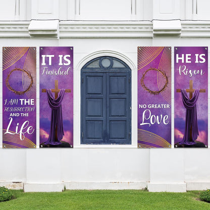 4Pcs Church Banners for Sanctuary Wall Welcome Religious Banners Hanging Backdrop Easter Church Hanging Signs Bible Verses Banner Scripture Church Hanging Signs for Church School Decor