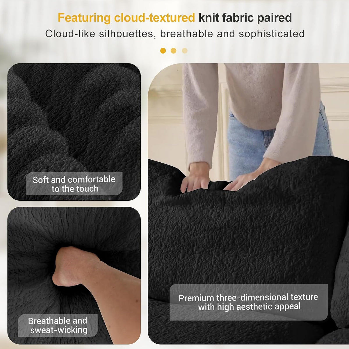 Cloud Sectional Couches, 108" L-Shape Boneless Sofa, Modular Sectional Sofa for Living Room,Freely Configurable,Deep Seating,Non-Slip Bottom, No Assembly Required(3 Seater+1 Ottoman (Black)