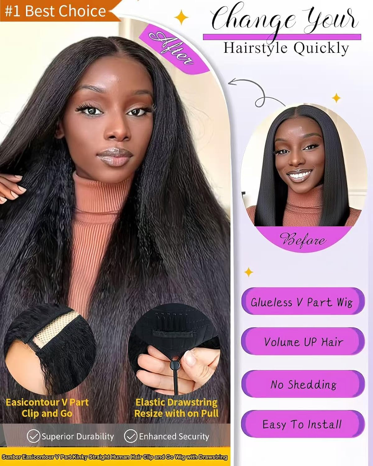 22Inch V Part Kinkystraight Wig Human Hair with Drawstring 200% Density Glueless U Part Upgraded 100% Natural Unprocessed Human Hair Wigs for Women No Sew in V Shape Clip in Half Wig Human Hair