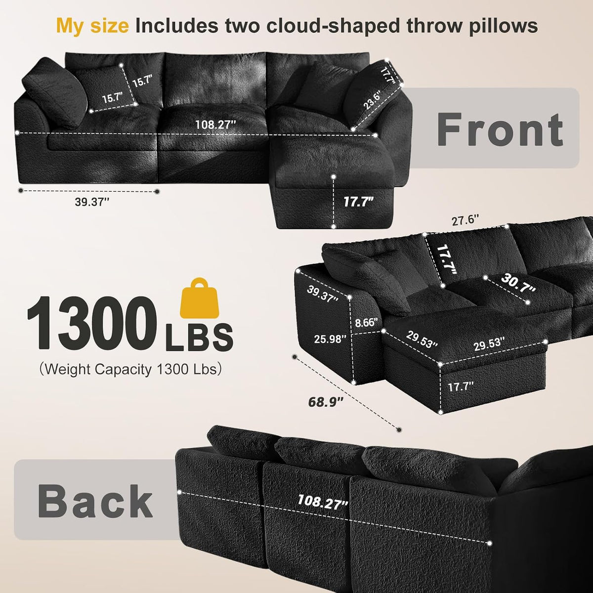 Cloud Sectional Couches, 108" L-Shape Boneless Sofa, Modular Sectional Sofa for Living Room,Freely Configurable,Deep Seating,Non-Slip Bottom, No Assembly Required(3 Seater+1 Ottoman (Black)