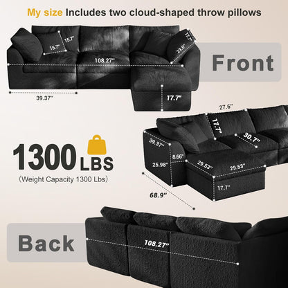 Cloud Sectional Couches, 108" L-Shape Boneless Sofa, Modular Sectional Sofa for Living Room,Freely Configurable,Deep Seating,Non-Slip Bottom, No Assembly Required(3 Seater+1 Ottoman (Black)