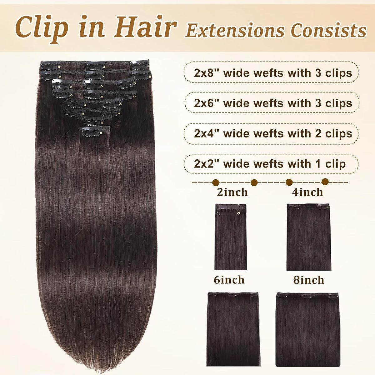 Clip in Hair Extensions Real Human Hair Dark Brown Hair Extensions Clip Ins