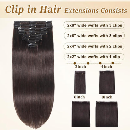 Clip in Hair Extensions Real Human Hair Dark Brown Hair Extensions Clip Ins